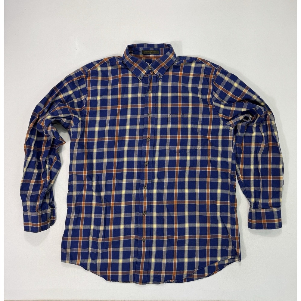 Orvis Mens Large Cotton Wool Flannel Plaid Button Shirt Blue Orange Outdoor Hike